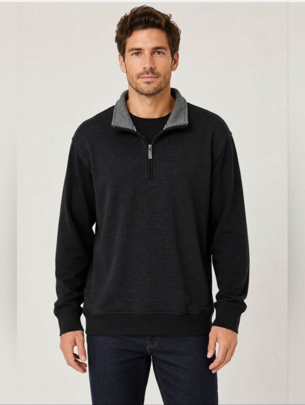 Ted Baker Men's Black Quarter-Zip Textured Cotton Pull Over Sweater S